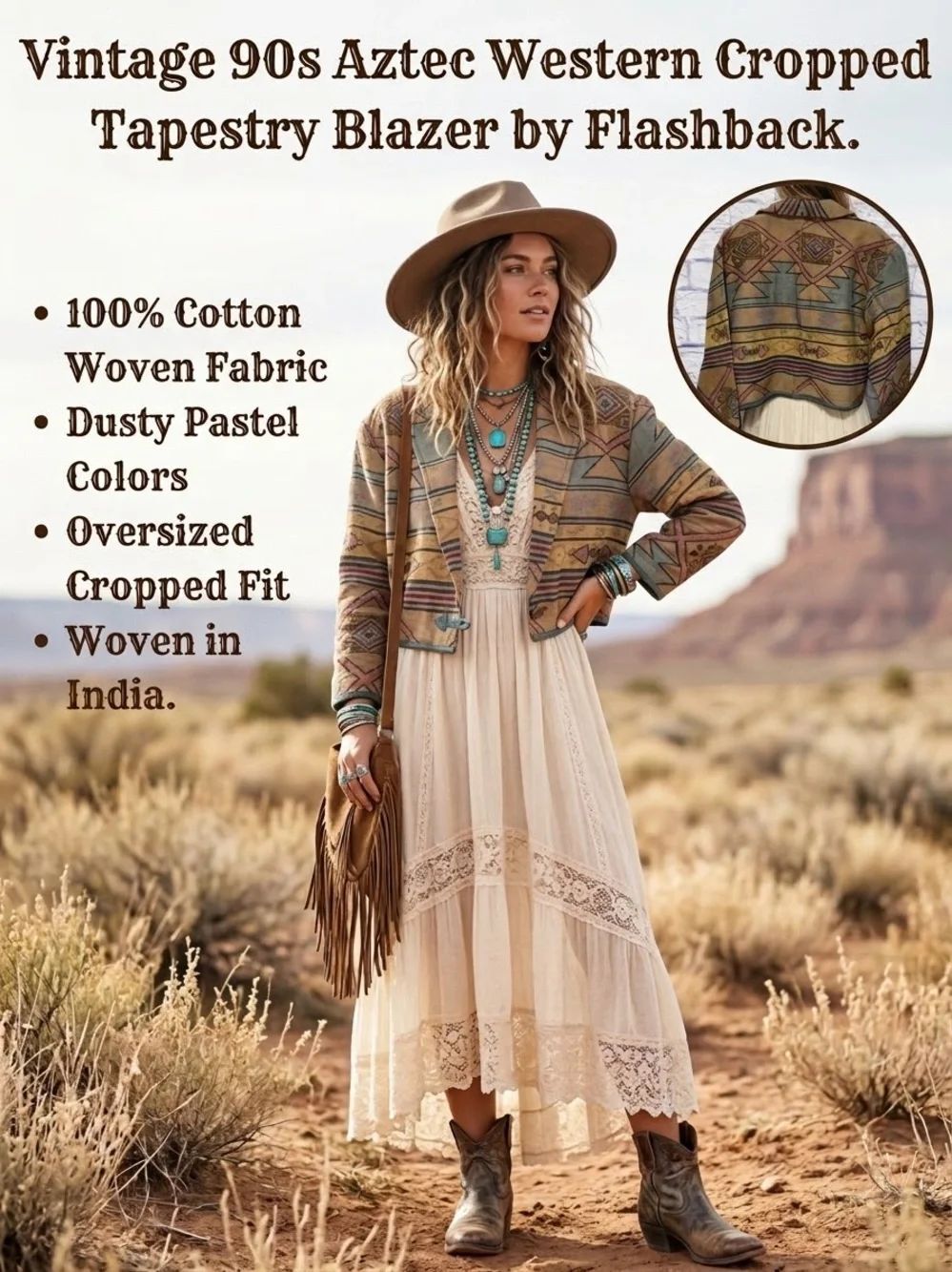 90s vintage aztec western jacket, cropped design